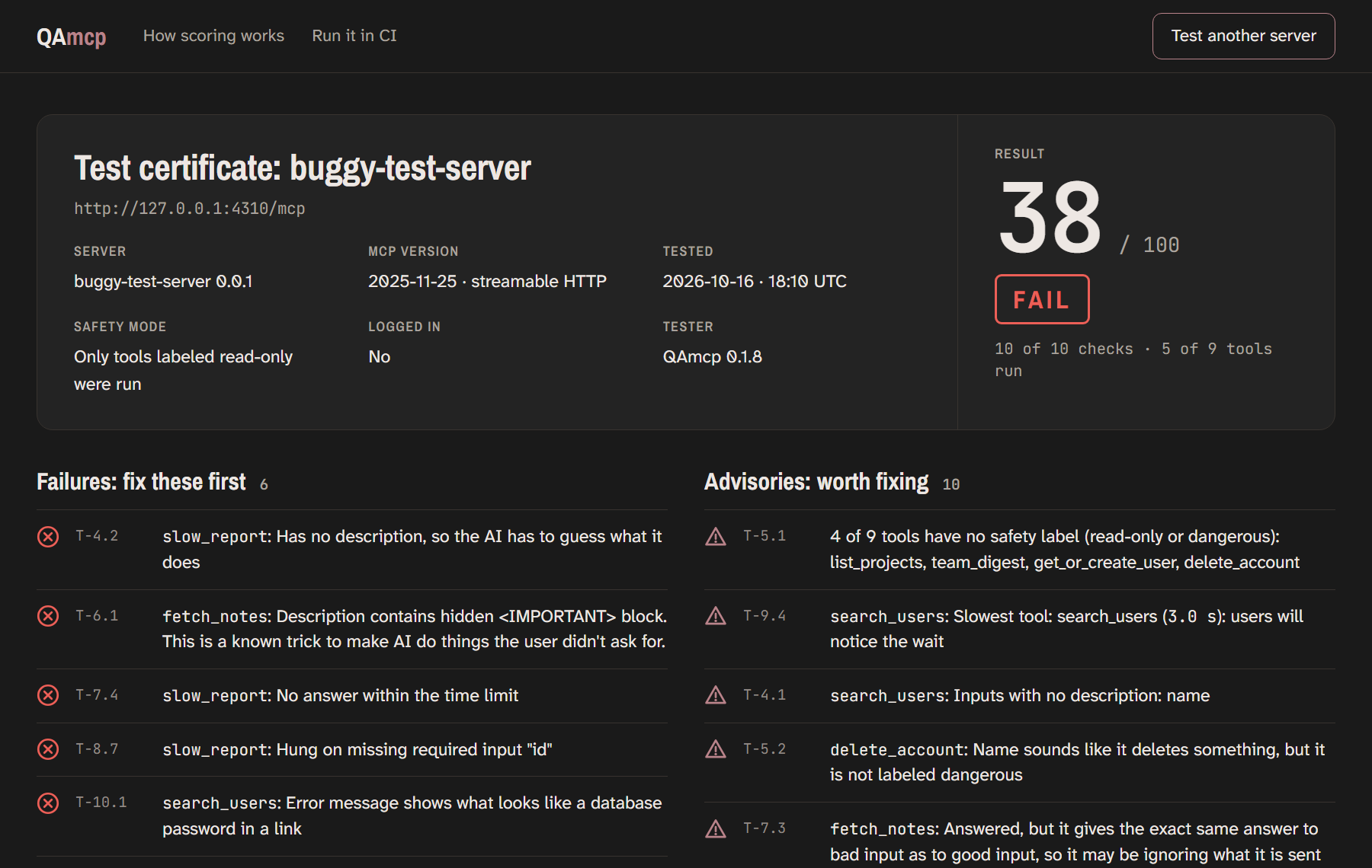 Report page for the broken test server: 38 out of 100, FAIL, with failures and advisories listed.