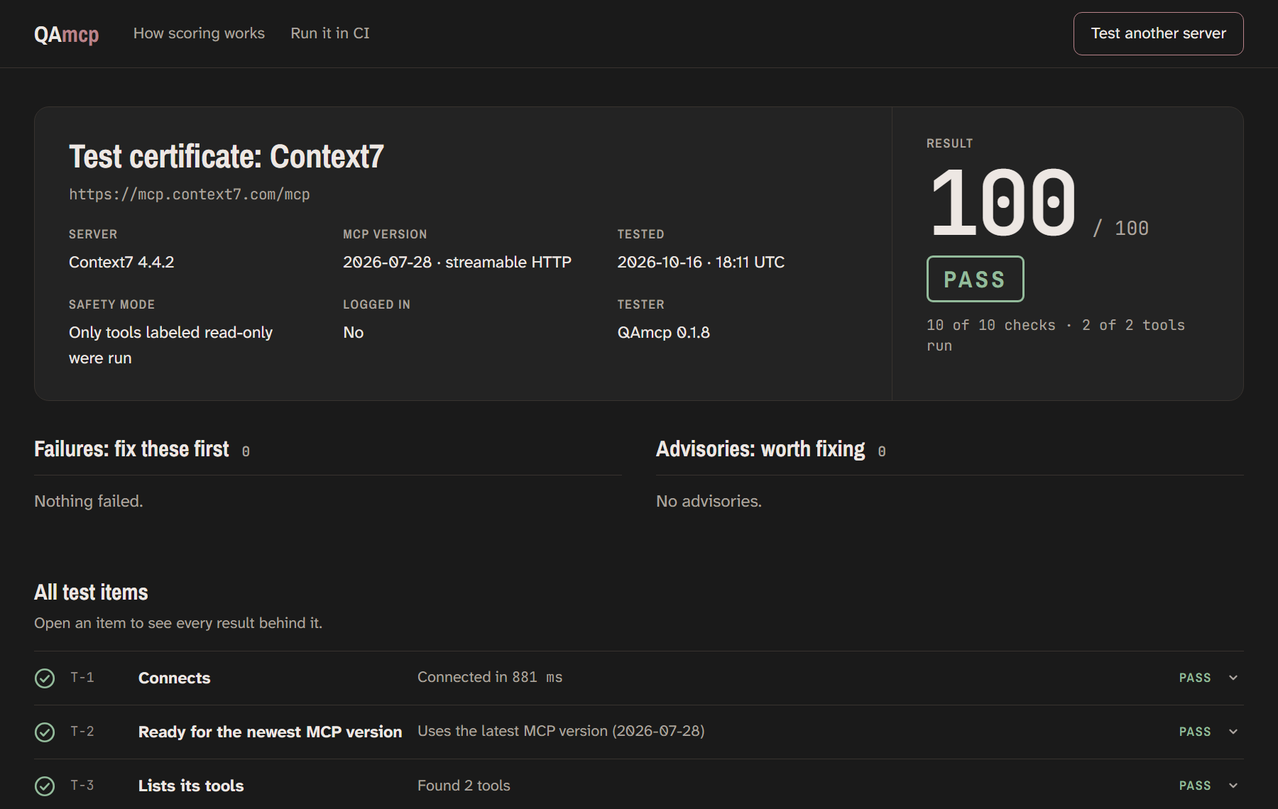 Report page for Context7: 100 out of 100, PASS.