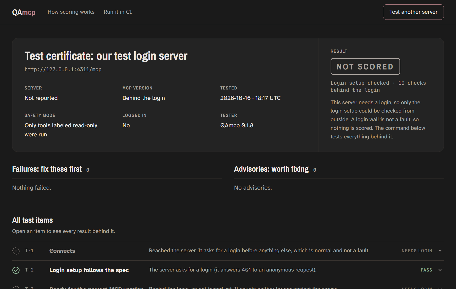Report page for the test login server: NOT SCORED, login setup passed, every other check marked needs login.